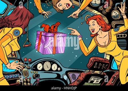 Women astronauts in the cabin of a spaceship and gift box. Vintage comics pop art retro color illustration. International womens day and mothers day Stock Vector