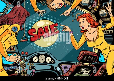 Sale and  Women astronauts in the cabin of a spaceship looking out the window. Vintage comics pop art retro color illustration Stock Vector