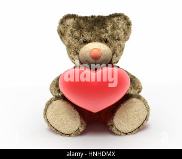 Toy teddy bear with red heart isolated on white. 3D illustration Stock Photo