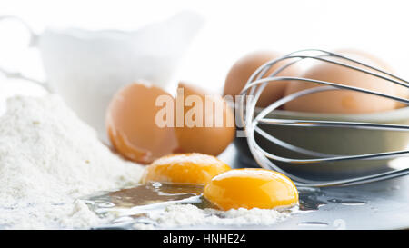 Batter mix of eggs,flour and milk for pancakes, Yorkshire pudding,and other recipes, head on with white background . Stock Photo