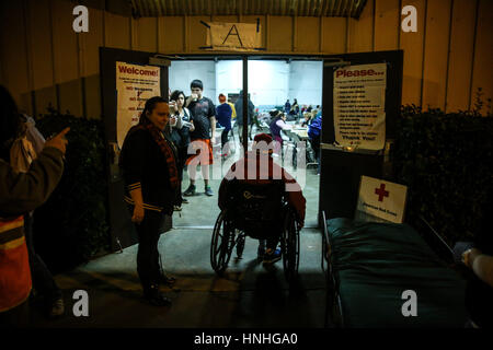 Chico, California, USA. 12th Feb, 2017. A man enters a Red Cross Emergency Shelter at the Silver Dollar Fairgrounds after the Oroville Dam spillway failure prompted emergency evacuations of up to 180,000 people in Chico, California. Credit: Joel Angel Juarez/ZUMA Wire/Alamy Live News Stock Photo