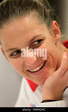 Czech tennis player Karolina Pliskova speaks during the press conference after the tennis match of the Fed Cup 1st round between the Czech Republic and Spain (Lara Arruabarrena), in Ostrava, Czech Republic, on Saturday, February 11 Stock Photo