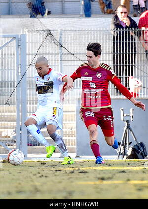 Sion, Switzerland. 12th February 2017. Football Raiffeisen Super League, FC Sion - FC Vaduz, Nicolas Luchinger (FC Sion 50) duel with Marco Mathys (FC Vaduz 17)   Credit: Cronos Foto/Alamy Live News Stock Photo