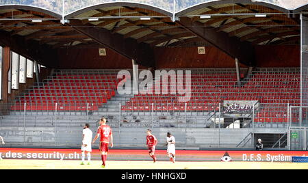 Sion, Switzerland. 12th February 2017. Football Raiffeisen Super League, FC Sion - FC Vaduz, Tribune reserved for fans of FC Vaduz and nobody made the trip  Credit: Cronos Foto/Alamy Live News Stock Photo
