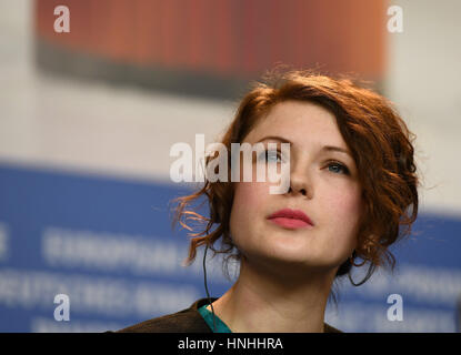 Berlin, Germany. 12th Feb, 2017. The actress Hannah Steele speaks at the photo call of the film 'The Young Karl Marx' at the 67th International film festival in Berlin, Germany, 12 February 2017. The film will be aired in the section 'Berlinale Special'. Photo: Monika Skolimowska/dpa/Alamy Live News Stock Photo