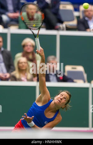 Czech tennis player Barbora Strycova in action during the tennis match of the Fed Cup 1st round between the Czech Republic and Spain (Garbine Muguruza), in Ostrava, Czech Republic, on Saturday, February 11, 2017. (CTK Photo/Petr Sznapka) Stock Photo