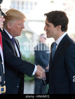 Washington, DC, USA. 13th Feb, 2017. United States President Donald J. Trump welcomes Prime Minister Justin Trudeau of Canada to the White House in Washington, DC on Monday, February 13, 2017. Credit: MediaPunch Inc/Alamy Live News Stock Photo