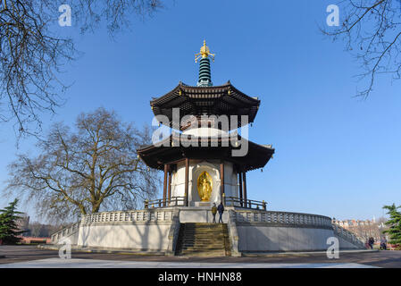 London, UK. 13th Feb, 2017. UK weather: The Peace Pagoda is seen against a blue sky on a sunny, but chilly and windy day in Battersea Park, south west London. Credit: Stephen Chung/Alamy Live News Stock Photo