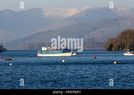 Cumbria, UK. 13th Feb, 2017. UK Weather. Lake Windermere cold sunny clear day with snow on the fells. Credit: Gordon Shoosmith/Alamy Live News Stock Photo