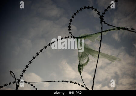 Gevgelija, Macedonia. 13th Feb, 2017. Remains of a plastic bag at the fence of the Macedonian border with Greece in Gevgelija. As borders remind closed along the refugee route near one hundred migrants of Iraqi, Iranian and Syrian nationalities are staying, most of them since one year ago, at the Temporary Transit Center of Gevgelija. Credit: Jordi Boixareu/Alamy Live News Stock Photo