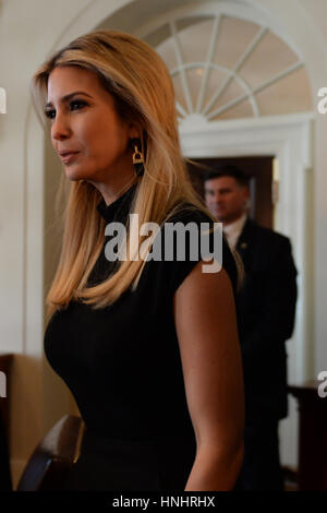 Washington, District of Columbia, USA. 13th Feb, 2017. Feb. 13, 2017- The White House- Washington DC.President Donald Trump welcomes Prime Minister Justin Trudeau of Canada to the White House. He hosts a press conference in the East Room. Prior to the Press Conference, the President help a meeting of Women Business Leaders in the Cabinet Room. Ivanka Trump enters the room.photos by: - ImageCatcher News Credit: Christy Bowe/Globe Photos/ZUMA Wire/Alamy Live News Stock Photo