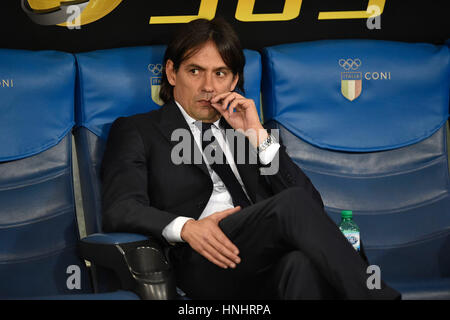 Rome, Italy. 13th Feb, 2017. : Simone Inzaghi head coach of Lazio gestures during the serie A match between SS Lazio Vs AC Milan on February 13, 2017 in Stadio Olimpico in Rome, Italy.  Credit: marco iorio/Alamy Live News Stock Photo