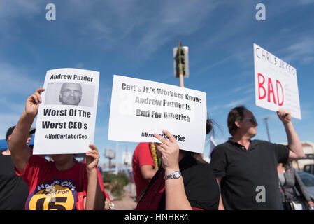 Las Vegas, Nevada, USA. 13th Feb, 2017. Fight for $15 demonstrators gather at Carl's Jr. in Las Vegas, Nev. to protest Donald Trump's labor secretary nominee, fast-food CEO Andy Puzder, on February 13, 2017. Puzder’s Senate confirmation hearing is scheduled for this Thursday. Credit: Jason Ogulnik/Alamy Live News Stock Photo