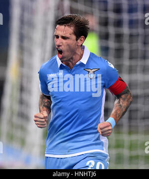 Rome, Italy. 13th Feb, 2017. Lazio's Lucas Biglia celebrates scoring during the Serie A soccer match between AC Milan and Lazio in Rome, Italy, Feb. 13, 2017. The match ended with a 1-1 draw. Credit: Alberto Lingria/Xinhua/Alamy Live News Stock Photo