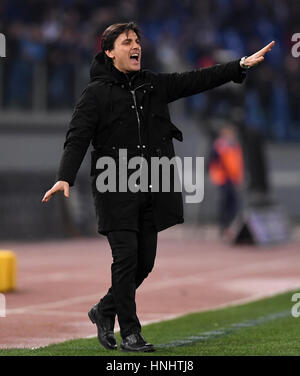 Rome, Italy. 13th Feb, 2017. AC Milan's head coach Vincenzo Montella gestures during the Serie A soccer match between AC Milan and Lazio in Rome, Italy, Feb. 13, 2017. The match ended with a 1-1 draw. Credit: Alberto Lingria/Xinhua/Alamy Live News Stock Photo