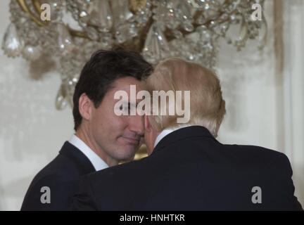 Washington, D.C, USA. 13th Feb, 2017. Canadian Prime Minister JUSTIN TRUDEAU walks off stage with U.S. President DONALD TRUMP after a joint press conference in the East Room of the White House in Washington, DC Credit: Molly Riley/ZUMA Wire/Alamy Live News Stock Photo