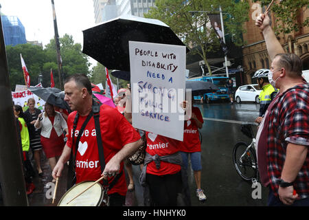 Sydney, Australia. 14 February 2017. The Public Service Association of NSW (PSA) held a rally in Martin Place before marching up to the NSW Parliament building just around the corner. The PSA had directed its members in disability services across NSW to strike for 24 hours in protest against privatisation of all disability services. The NSW government plans to transfer all services by 30 June 2018. Credit: Richard Milnes/Alamy Live News Stock Photo