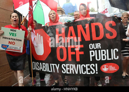 Sydney, Australia. 14 February 2017. The Public Service Association of NSW (PSA) held a rally in Martin Place before marching up to the NSW Parliament building just around the corner. The PSA had directed its members in disability services across NSW to strike for 24 hours in protest against privatisation of all disability services. The NSW government plans to transfer all services by 30 June 2018. Credit: Richard Milnes/Alamy Live News Stock Photo