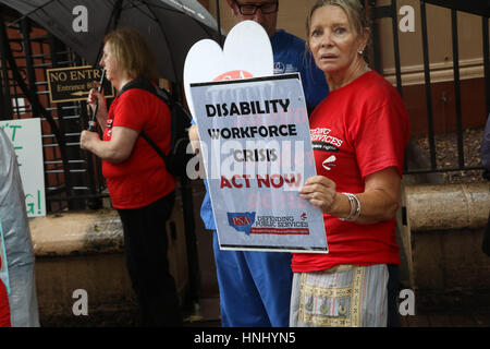 Sydney, Australia. 14 February 2017. The Public Service Association of NSW (PSA) held a rally in Martin Place before marching up to the NSW Parliament building just around the corner. The PSA had directed its members in disability services across NSW to strike for 24 hours in protest against privatisation of all disability services. The NSW government plans to transfer all services by 30 June 2018. Credit: Richard Milnes/Alamy Live News Stock Photo