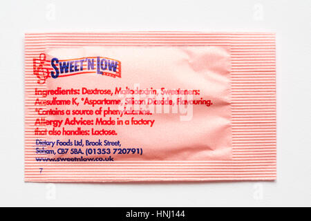 Sachet of Sweet n Low granulated sweetener isolated on white background - back view Stock Photo