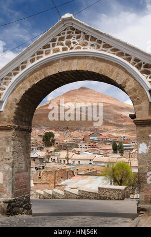 Potosi (UNESCO) in Bolivia - the world's highest city (4070m). Potosi is set against the backdrop of a ranbow-colored mountain - Cerro Rico. Cityscape Stock Photo