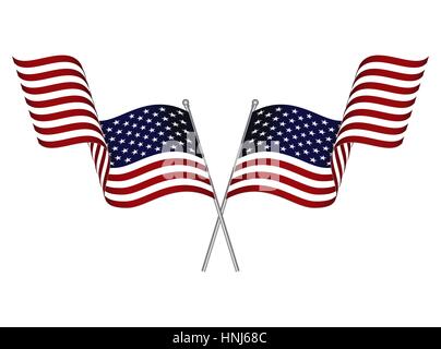 Two crossed waving USA flags isolated on white background. Stock Vector