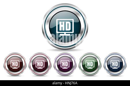 Vector HD icons. Chrome border round set of web buttons. Silver metallic pushbuttons. Stock Vector