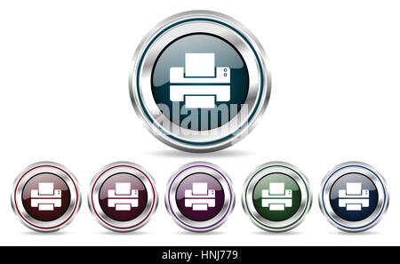 Vector printer icons. Chrome border round set of web buttons. Silver metallic pushbuttons. Stock Vector