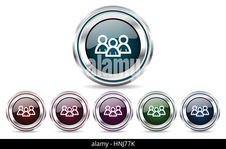 Vector people icons. Chrome border round set of web buttons. Silver metallic pushbuttons. Stock Vector
