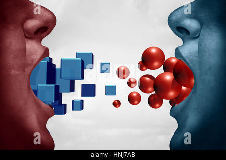 Different opinions and disagreement concept as two people expressing opposite ideas as cubes versus sphere with 3D illustration elements. Stock Photo