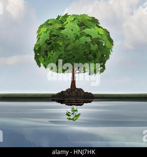 Business contraction concept or economic decline symbol as a mature tree casting a reflection in the water of a small young sapling with 3D illustrati Stock Photo