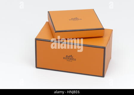 Lorient, France - February 06, 2017: Closeup of Hermes Paris luxury orange  boxes on white background Stock Photo