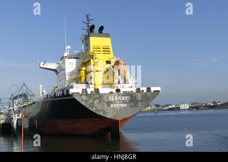 Lorient, France - December 16, 2016: Products tanker 'Sea Ray' on discharging operations at the Oil Terminal of Lorient, Brittany, France. Stock Photo
