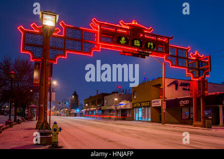 Gate of Happy Arrival, , Chinatown, Edmonton, Alberta, Canada Stock Photo