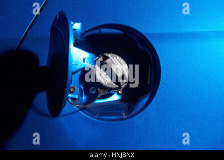 Close up of open gas lid blue modern car tank Stock Photo