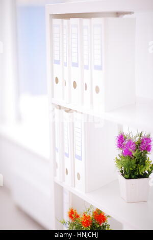 File folders, standing on shelves in background Stock Photo