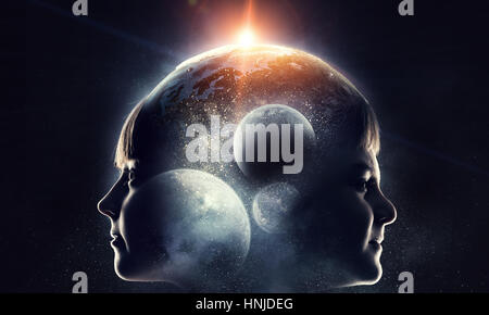 Profile image of cute girl and boy against night sky background. Elements of this image are furnished by NASA Stock Photo