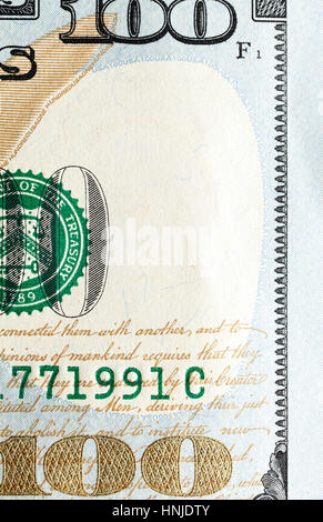 photographed close-up of American paper money worth one hundred dollars, the new American bil Stock Photo