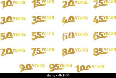 Isolated golden color numbers with word years icons collection on white background, birthday anniversary greeting card elements set vector illustratio Stock Vector