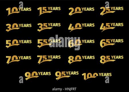 Isolated golden color numbers with word years icons collection on black background, birthday anniversary greeting card elements set vector illustratio Stock Vector