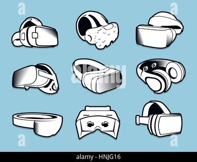 Isolated black and white color vr headset in flat style logos set on blue background Stock Vector