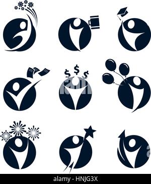 Isolated round shape black color abstract human body silhouette logos set, business,education, holiday party symbols vector illustrations on white background. Stock Vector