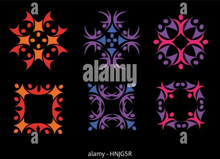 Isolated abstract colorful floral decorative elements logos set on black background vector illustration. Stock Vector