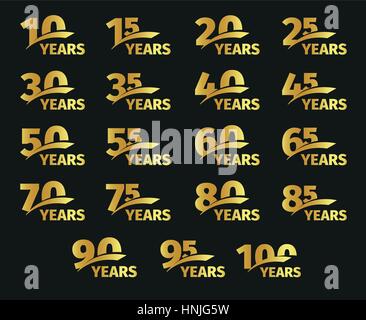 Isolated golden color numbers with word years icons collection on black background, birthday anniversary greeting card elements set vector illustration. Stock Vector