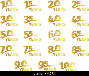 Isolated golden color numbers with word years icons collection on white background, birthday anniversary greeting card elements set vector illustration. Stock Vector