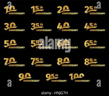 Isolated golden color numbers icons collection on black background, birthday anniversary greeting card elements set vector illustration. Stock Vector