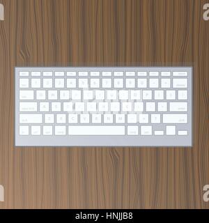 Bluetooth white realistic keyboard on a wood texture table. Modern computer peripheral gadget. QWERTY isolated vector illustration art. Stock Vector