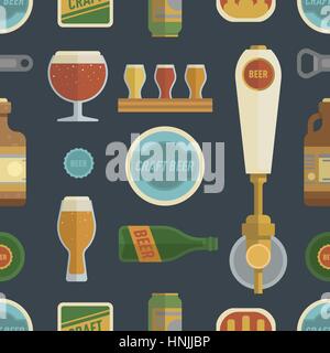 Seamless pattern with craft beer. Differens beer elements include bottles, glasses, keg, can and bottle opener for bar, pub, home brewery, alcohol sto Stock Vector
