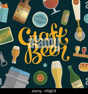 Seamless pattern with craft beer lettering. Differens beer elements include bottles, glasses, keg, can and bottle opener for bar, pub, home brewery, a Stock Vector