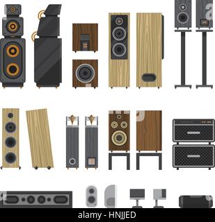Different stereo acoustic systems. Speaker systems for listening high definition audio. Amplified monitors and subwoofers. Small computer speakers and Stock Vector